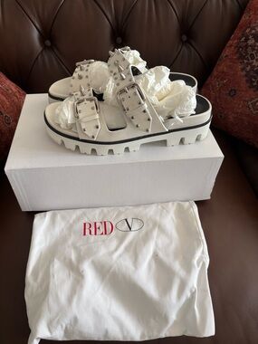 RED White Studded Double-Buckle Lug Sandals